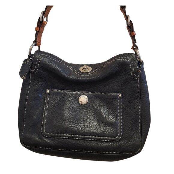 COACH Dark Brown Pebbled Leather Bag Style 10131 Tan Short Adj. Shoulder Strap - Picture 1 of 16